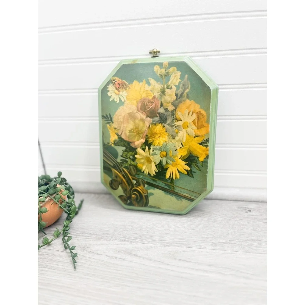 Vintage Floral Print on‎ Green Wood: Violin & Butterfly Art